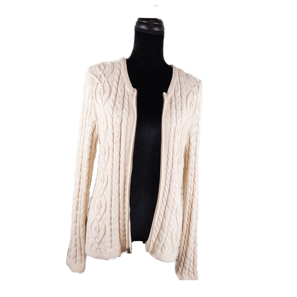 Wainscott Womens Ivory Cable Knit Collarless Zip Up Cardigan Size S - Picture 2 of 6